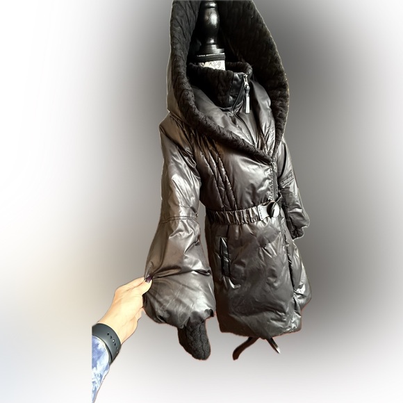 Mackage Ace Black Mid-Length Puffer Coat | Wool Trim | Belted | Size L - Picture 2 of 10